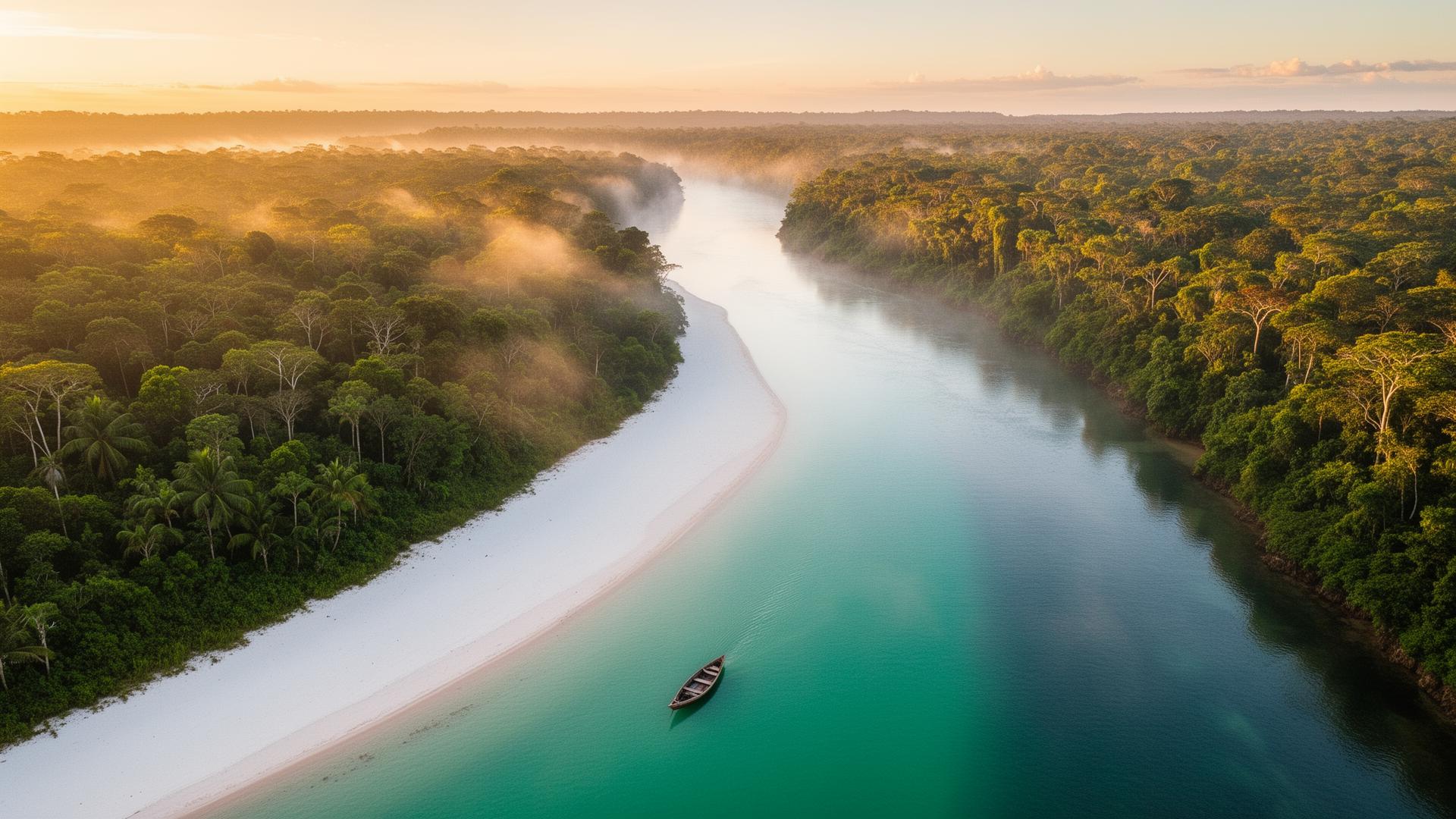 Aerial view of Alter do Chão river beach in the Amazon at sunrise