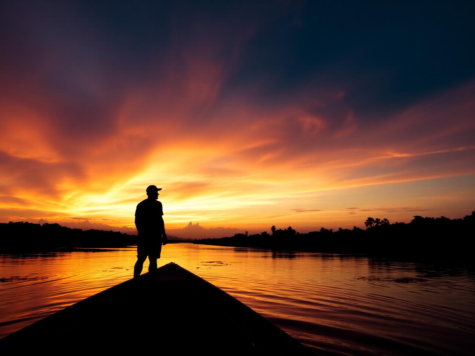 Silhouette on a boat at Amazon sunset